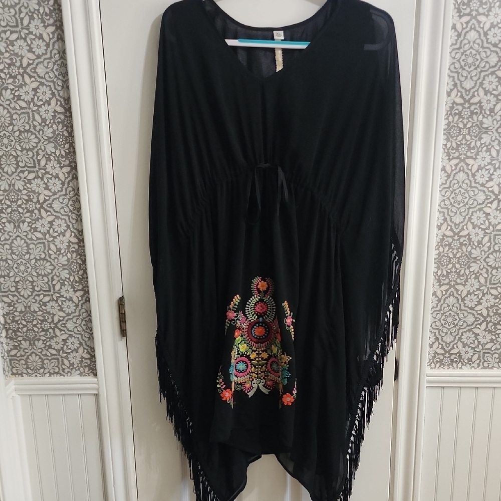 Uncle Frank Size XL Black Floral Embroidered Fringe Dress Boho Western Festival‌